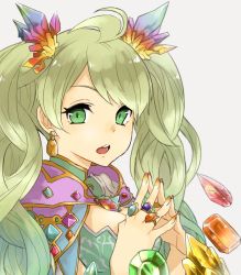 Rule 34 | 10s, 1girl, :o, ahoge, bad id, bad twitter id, breasts, chestnut mouth, cleavage, crystal, de la fille, diamond (shape), earrings, fingers together, gem, granblue fantasy, green eyes, green hair, hair ornament, jewelry, long hair, looking at viewer, matching hair/eyes, medium breasts, nail polish, open mouth, orange nails, ring, solo, teeth, twintails, upper body, yakota