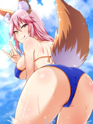Rule 34 | 1girl, :q, \m/, animal ear fluff, animal ears, arima kouichi, ass, bikini, blue bikini, breasts, cameltoe, covered erect nipples, day, fate/grand order, fate (series), fox ears, fox girl, fox shadow puppet, fox tail, from behind, hair between eyes, large breasts, light rays, long hair, looking at viewer, looking back, outdoors, pink hair, side-tie bikini bottom, sky, slit pupils, solo, swimsuit, tail, tamamo (fate), tamamo no mae (fate/extra), tamamo no mae (swimsuit lancer) (fate), tongue, tongue out, wading, water, wet, wet clothes, yellow eyes