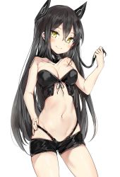 Rule 34 | 1girl, :&gt;, bare shoulders, bikini, black bikini, black hair, blush, breasts, closed mouth, contrapposto, cowboy shot, girls&#039; frontline, hair between eyes, hand on own hip, hand up, headgear, highleg, highleg bikini, highres, judge (girls&#039; frontline), long hair, looking at viewer, medium breasts, navel, sangvis ferri, short shorts, shorts, silver (chenwen), simple background, smile, solo, standing, swimsuit, thighs, tsurime, white background, yellow eyes