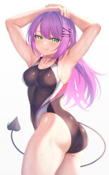 Rule 34 | 1girl, absurdres, aoi zerii, armpits, ass, black one-piece swimsuit, breasts, colored inner hair, competition swimsuit, demon girl, demon wings, green eyes, hair ornament, highres, hololive, long hair, medium breasts, multicolored hair, one-piece swimsuit, pink hair, presenting armpit, purple hair, smile, swept bangs, swimsuit, tail, tail ornament, thighs, tokoyami towa, virtual youtuber, wings, x hair ornament