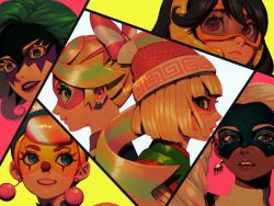 Rule 34 | 6+girls, arms (game), artist name, back-to-back, bellhenge, black hair, blonde hair, blue eyes, bow, brown eyes, closed mouth, dark-skinned female, dark skin, dr. coyle, drawing on another&#039;s face, earrings, face, facepaint, food, from side, goggles, green eyes, green hair, headgear, jewelry, lipstick, lola pop, looking ahead, looking at viewer, looking up, makeup, mask, mechanica (arms), min min (arms), multicolored hair, multiple girls, nintendo, noodles, open mouth, pale skin, panels, ribbon girl (arms), simple background, smile, super smash bros., twintails, twintelle (arms), white hair, wrestling mask