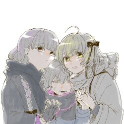 Rule 34 | 3girls, ahoge, black bow, black gloves, black jacket, black scarf, blue jacket, blunt bangs, blush, bow, braid, child, closed eyes, commentary, doll joints, facial scar, facing viewer, fate/grand order, fate (series), gloves, grey hair, grey jacket, grey scarf, hair bow, holding hands, jack the ripper (fate/apocrypha), jacket, jeanne d&#039;arc alter santa lily (fate), joints, long hair, long sleeves, looking at viewer, lower teeth only, multiple girls, nobicco, nursery rhyme (fate), open mouth, parted lips, pink eyes, scar, scar on cheek, scar on face, scarf, short hair, simple background, smile, teeth, upper body, white background, yellow eyes
