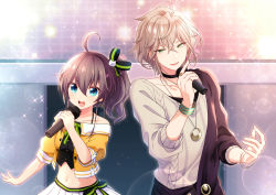Rule 34 | 1boy, 1girl, :d, ahoge, bare shoulders, black choker, blue eyes, brown hair, cat hair ornament, choker, collarbone, commentary request, crop top, green eyes, hair between eyes, hair ornament, half-closed eyes, holding, holding microphone, hololive, holostars, indoors, jacket, jewelry, light brown hair, looking at viewer, medium hair, microphone, midriff, music, natsuiro matsuri, natsuiro matsuri (1st costume), navel, necklace, nyokkiiiiin, off-shoulder jacket, off shoulder, open mouth, pleated skirt, ponytail, rikka (holostars), shirt, short hair, side ponytail, singing, skirt, smile, standing, sweater, teeth, upper body, virtual youtuber, white skirt, yellow jacket