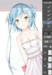 Rule 34 | 1girl, adobe photoshop, blue eyes, blue hair, breasts, cleavage, collarbone, dress, hatsune miku, holding, holding letter, leaning to the side, letter, long hair, looking at viewer, medium breasts, sleeveless, sleeveless dress, solo, sundress, twintails, very long hair, vocaloid, white dress, yu (729835849)