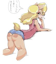 Rule 34 | 1girl, animal ears, ass, bare shoulders, bent over, blonde hair, blush, breasts, breath, closed mouth, crash bandicoot (series), cropped legs, eyeshadow, female focus, from behind, furry, furry female, green eyes, half-closed eyes, hand up, handprint, head rest, highres, japanese text, kneeling, kneepits, large breasts, long hair, looking back, makeup, nousen, pink shirt, shirt, simple background, sleeveless, sleeveless shirt, solo, spanked, tail, tawna bandicoot, thought bubble, translation request, white background