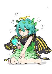 Rule 34 | 1girl, antennae, aqua hair, barefoot, blush, butterfly wings, dress, eternity larva, fairy, food, green dress, hair between eyes, highres, holding, holding food, insect wings, leaf, leaf on head, multicolored clothes, multicolored dress, open mouth, popsicle, short hair, short sleeves, simple background, solo, sweat, tatutaniyuuto, touhou, white background, wings, yellow eyes