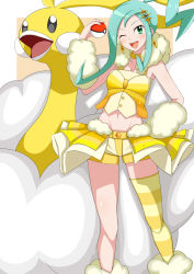 Rule 34 | 1girl, ;d, altaria, alternate color, arm warmers, blush, breasts, commentary request, creatures (company), earrings, game freak, gen 3 pokemon, green eyes, green hair, hand on own hip, hand up, highres, holding, holding poke ball, jewelry, lisia (pokemon), long hair, navel, nintendo, one eye closed, open mouth, overskirt, poke ball, poke ball (basic), pokemon, pokemon (creature), pokemon masters ex, shiny pokemon, shorts, shorts under skirt, single thighhigh, smile, teeth, thighhighs, tongue, upper teeth only, zefyu
