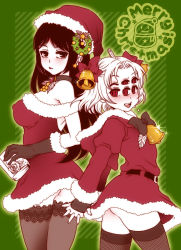 Rule 34 | 2girls, ass, bad id, bad pixiv id, bell, blush, bow, breasts, covered erect nipples, dress, extra eyes, fair-chan, fingerless gloves, gloves, hair bow, hat, monster girl, multiple girls, no panties, original, popsicle stick, red eyes, santa costume, santa hat, short hair, sugiya manao, thighhighs, wreath