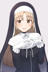 Rule 34 | basa rutan, blush, breasts, brown eyes, brown hair, commentary request, gloves, grey background, habit, heart, heart hands, long hair, long sleeves, looking at viewer, nijisanji, nun, open mouth, parted bangs, puffy long sleeves, puffy sleeves, simple background, sister claire, sister claire (1st costume), small breasts, solo, sweat, traditional nun, upper body, veil, very long hair, virtual youtuber, white gloves