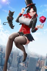 Rule 34 | 1girl, absurdres, adjusting clothes, adjusting headwear, black cat, black footwear, black hair, black headwear, black jacket, black nails, black skirt, blue sky, blurry, blurry background, blush, bra, breasts, brown thighhighs, building, cat, character request, city, cityscape, cloud, collared shirt, colored inner hair, copyright request, day, depth of field, earrings, gluteal fold, hat, high heels, highres, jacket, jewelry, korean commentary, lace, lace-trimmed bra, lace trim, large breasts, long hair, long sleeves, looking at viewer, miniskirt, multicolored hair, nail polish, outdoors, parted bangs, parted lips, pleated skirt, red eyes, red hair, red scarf, scarf, see-through, see-through shirt, shirt, skindentation, skirt, sky, skyscraper, slit pupils, sun, teddyellow, thighhighs, thighs, top hat, two-tone hair, underwear, white shirt