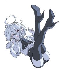 Rule 34 | 1boy, ahoge, androgynous, black eyes, black footwear, black neckerchief, black shorts, bob cut, boots, double-parted bangs, finger to mouth, frilled shirt, frills, hair between eyes, high heels, highres, juliet sleeves, legs up, long sleeves, looking at viewer, lying, medium hair, neckerchief, ohayousan 084, on back, original, pale skin, pinky to mouth, pointy ears, puffy sleeves, rose (ohayousan 084), shirt, shorts, stiletto heels, thigh boots, trap, vampire, white background, white hair, white shirt