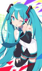 Rule 34 | 1girl, ;d, absurdres, black skirt, black sleeves, black thighhighs, blue eyes, blue hair, blue nails, blue necktie, commentary request, detached sleeves, finger heart, hair between eyes, hatsune miku, headphones, headset, heart, highres, long hair, long sleeves, looking at viewer, nail polish, necktie, one eye closed, open mouth, pixelated, pleated skirt, rerere, skirt, sleeves past wrists, smile, solo, standing, standing on one leg, thighhighs, tie clip, twintails, very long hair, vocaloid, wide sleeves