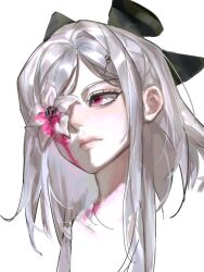 Rule 34 | 1girl, black bow, bleeding, blood, bow, drag-on dragoon, drag-on dragoon 3, flower, flower over eye, hair bow, long hair, pink blood, pink eyes, portrait, red eyes, simple background, solo, white hair, zemzk, zero (drag-on dragoon)