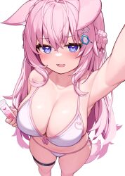 Rule 34 | 1girl, animal ears, bikini, blush, breasts, cleavage, deaver, hakui koyori, highres, holding, holding test tube, hololive, large breasts, long hair, looking at viewer, open mouth, pink hair, pink tail, pink trim, purple eyes, simple background, solo, swimsuit, tail, test tube, virtual youtuber, white background, white bikini, wolf ears, wolf girl, wolf tail