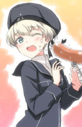 Rule 34 | 10s, 1girl, bad id, bad pixiv id, blue eyes, censored, censored food, clothes writing, engiyoshi, fake censor, food, fork, hat, kantai collection, mosaic censoring, open mouth, sailor hat, sausage, sexually suggestive, short hair, solo focus, suggestive fluid, z1 leberecht maass (kancolle)