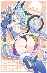Rule 34 | 1girl, animal ear fluff, animal ears, ass, backless outfit, blue hair, braid, breasts, cat ears, cat tail, cure cosmo, from behind, gloves, hamuhamu, high heels, highres, jewelry, long hair, magical girl, open mouth, panties, paw pose, precure, signature, small breasts, solo, star twinkle precure, tail, thighhighs, thighs, twin braids, underwear, very long hair