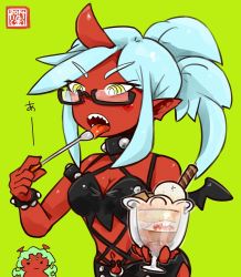 Rule 34 | 10s, 2girls, aqua hair, armlet, bare shoulders, bespectacled, blue hair, blush stickers, breasts, cleavage, collar, colored skin, demon girl, eating, food, glasses, green background, green eyes, green hair, horns, ice cream, kneesocks (psg), long hair, mini wings, multiple girls, navel, open mouth, panty &amp; stocking with garterbelt, pointy ears, ponytail, red skin, san mamiya, scanty (psg), semi-rimless eyewear, sharp teeth, siblings, single horn, sisters, solo focus, spoon, standing, studded bracelet, studded collar, sundae, teeth, tongue, tongue out, under-rim eyewear, wafer stick, wings, yellow eyes