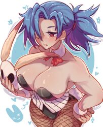 Rule 34 | 1girl, alternate costume, blue hair, bow, bowtie, breasts, cleavage, cowboy shot, detached collar, eyepatch, fishnet pantyhose, fishnets, from above, hand on own hip, highres, large breasts, leotard, mask, unworn mask, pantyhose, playboy bunny, ponytail, red eyes, scar, scar on face, skull mask, skullgirls, solo, supacreams, valentine (skullgirls), wristband