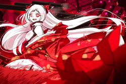 Rule 34 | 10s, 1girl, abyssal ship, airfield princess, colored skin, glowing, glowing eyes, gradient background, highres, horns, japanese clothes, kantai collection, kimono, long hair, looking at viewer, pinwheel, red eyes, solo, tsukineko, white hair, white skin