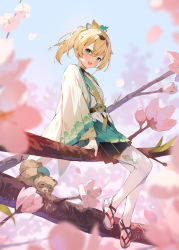 Rule 34 | 1girl, :d, blonde hair, blush, flower, green eyes, green skirt, hair between eyes, hair ribbon, hana mori, haori, highres, hololive, in tree, japanese clothes, kazama iroha, long sleeves, looking at viewer, looking to the side, open mouth, pink flower, pokobee, ponytail, ribbon, sandals, short hair, sitting, sitting in tree, skirt, smile, solo, thighhighs, tree, virtual youtuber, white thighhighs