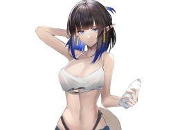 Rule 34 | 1girl, arknights, bare shoulders, black hair, blue eyes, blue hair, blunt bangs, bottle, breasts, camisole, cleavage, commentary request, crop top, eugle na, eunectes (arknights), eunectes (forgemaster) (arknights), highres, holding, holding bottle, large breasts, looking at viewer, midriff, multicolored hair, navel, official alternate costume, pointy ears, short hair, solo, spaghetti strap, stomach, upper body, water bottle