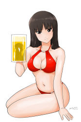 10s 1girl alcohol beer beer_mug bikini black_eyes black_hair breasts brown_eyes brown_hair cleavage cup girls_und_panzer long_hair matsui_yasutsugu mature_female mug nishizumi_shiho sitting solo swimsuit yokozuwari