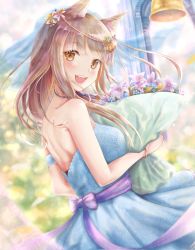 Rule 34 | 1girl, animal ears, bad id, bad pixiv id, bare shoulders, bell, blush, bouquet, breasts, bridal veil, brown eyes, brown hair, cat ears, fang, flower, from side, hair flower, hair ornament, highres, holding, holding bouquet, jewelry, kinom (sculpturesky), lily (flower), long hair, looking at viewer, looking back, medium breasts, necklace, open mouth, original, see-through, smile, solo, teeth, veil