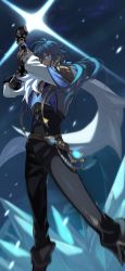 Rule 34 | 1boy, absurdres, arm up, belt, black gloves, black pants, black shirt, blue eyes, blue hair, brown belt, bum hico, cape, closed mouth, feet out of frame, fingerless gloves, genshin impact, gloves, highres, holding own arm, jacket, kaeya (genshin impact), long hair, long sleeves, looking at viewer, male focus, outdoors, pants, ponytail, shirt, smile, snow, solo, standing, white cape, white jacket