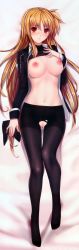 Rule 34 | 00s, 1girl, absurdres, alternate hairstyle, bed sheet, black pantyhose, blonde hair, blush, breasts, clothes lift, crotch seam, crotchless, dakimakura (medium), fate testarossa, full body, hair down, hand on own chest, highres, huge filesize, large breasts, legs, long hair, long image, long sleeves, looking at viewer, lying, lyrical nanoha, mahou shoujo lyrical nanoha, mahou shoujo lyrical nanoha strikers, navel, nipples, no bra, no panties, on back, open clothes, open shirt, pantyhose, pen (pen3), pen (steelleets), pussy, pussy juice, red eyes, shirt, shirt lift, solo, tall image, thigh gap, torn clothes, torn pantyhose, uncensored, uniform, very long hair