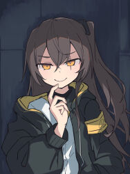 Rule 34 | 1girl, black jacket, brown hair, caraku, closed mouth, commentary request, girls&#039; frontline, hair between eyes, hand up, highres, hood, hood down, hooded jacket, jacket, long hair, long sleeves, looking at viewer, one side up, open clothes, open jacket, orange eyes, puffy long sleeves, puffy sleeves, scar, scar across eye, shirt, smile, solo, ump45 (girls&#039; frontline), very long hair, white shirt