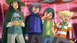 Rule 34 | 00s, 4boys, barry (pokemon), blonde hair, cape, conway (pokemon), creatures (company), game freak, green hair, hair over one eye, harp, hat, instrument, male focus, multiple boys, nando (pokemon), nintendo, paul (pokemon), pokemoa, pokemon, pokemon (anime), pokemon dppt, pokemon dppt (anime), poketch, purple hair, watch, wristwatch