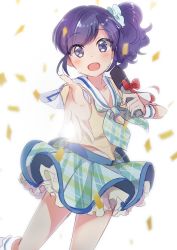 Rule 34 | 1girl, :d, aikatsu!, aikatsu! (series), blue eyes, blue hair, blurry, bow, confetti, depth of field, frilled skirt, frills, hair ornament, hair scrunchie, holding, holding microphone, idol, kiriya aoi, looking at viewer, microphone, neckerchief, onbin ha, open mouth, outstretched arm, plaid, plaid skirt, sailor collar, scrunchie, short hair, side ponytail, sketch, skirt, smile, solo, sparkle, standing, standing on one leg, sweat