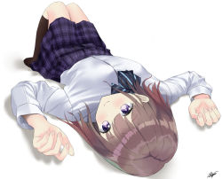 Rule 34 | 1girl, 7 calpis 7, arms up, black bow, black socks, blush, bow, breasts, brown hair, closed mouth, commentary request, dress shirt, fingernails, hair between eyes, kneehighs, long sleeves, looking at viewer, lying, no shoes, on back, original, plaid, plaid skirt, pleated skirt, purple eyes, purple skirt, school uniform, shadow, shirt, signature, skirt, small breasts, smile, socks, solo, white background, white shirt