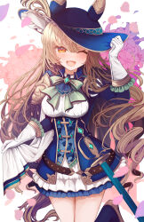 Rule 34 | 1girl, 9 8philia, absurdres, animal ears, blush, breasts, brown hair, commentary request, fang, flower, hair ornament, hat, highres, horse ears, horse tail, looking at viewer, medium breasts, official alternate costume, one eye closed, petals, ribbon, satono diamond (chevalier bleu) (umamusume), satono diamond (umamusume), sheath, sheathed, simple background, solo, tail, umamusume, weapon, white background, wide brim, yellow eyes