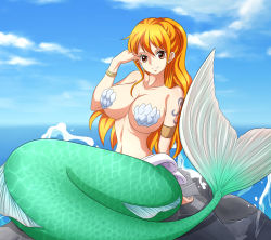 Rule 34 | 1girl, armlet, bracelet, breasts, closed mouth, cloud, convenient censoring, earrings, fins, fish tail, highres, jewelry, large breasts, looking at viewer, mermaid, monster girl, monsterification, nami (one piece), ocean, one piece, orange hair, outdoors, scales, sitting, sky, smile, solo, stud earrings, tail, tattoo, transformation, user kuroko, water