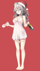 Rule 34 | 1girl, alternate costume, babydoll, barefoot, blush, bottle, breasts, brown eyes, cleavage, cup, drinking glass, grey hair, hair between eyes, hat, highres, holding, holding cup, kantai collection, large breasts, long hair, open mouth, panties, panty pull, pola (kancolle), red background, sakana (flame sakana), santa hat, simple background, solo, standing, thick eyebrows, underwear, wavy hair, white babydoll, white panties, wine bottle, wine glass