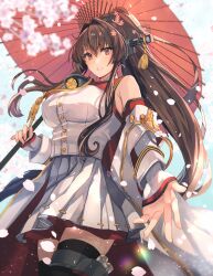 Rule 34 | 1girl, black thighhighs, blush, breasts, brown eyes, brown hair, cherry blossoms, cowboy shot, flower, grey skirt, hair between eyes, hair flower, hair ornament, headgear, highres, holding, holding umbrella, kantai collection, kasumi (skchkko), large breasts, long hair, oil-paper umbrella, open mouth, petals, pink flower, pleated skirt, ponytail, red umbrella, skirt, solo, thighhighs, umbrella, very long hair, yamato (kancolle), yamato kai ni (kancolle)