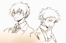 Rule 34 | 2boys, atou haruki, chinese commentary, closed mouth, collared shirt, commentary request, glasses, hand on own chin, jacket, long sleeves, male focus, monochrome, multiple boys, necktie, open clothes, open jacket, otowa rui (saibou shinkyoku), round eyewear, saibou shinkyoku, shirt, short hair, simple background, smile, suit jacket, sweater, turtleneck, turtleneck sweater, white background, zhainuxiuer