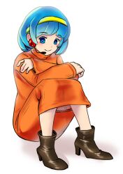 1girl amelia_n blue_eyes blue_hair boots dress earrings headband headset highres jewelry nintendo orange_dress sitting smile solo sphere_earrings turtleneck user_ntwx7542 yellow_headband