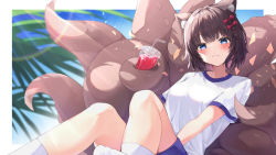 Rule 34 | 1girl, :3, absurdres, animal ear fluff, animal ears, blue eyes, blue shorts, blush, border, bow, braid, breasts, brown hair, closed mouth, cup, disposable cup, drink, drinking straw, feet out of frame, fox ears, fox girl, fox tail, hair bow, highres, knees up, lens flare, looking at viewer, medium breasts, multiple tails, no shoes, original, outside border, prehensile tail, red bow, shirt, short hair, shorts, sitting, smile, socks, solo, suction cups, sunlight, tail, tyabesu, white border, white shirt, white socks