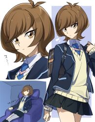 Rule 34 | 1girl, backpack, bag, black jacket, black skirt, blue jacket, blue necktie, brown bag, brown eyes, brown hair, cardigan, chair, closed mouth, collared shirt, commentary request, jacket, long sleeves, looking at viewer, miniskirt, multiple views, necktie, open clothes, open jacket, pira 811, reclining, school uniform, shirt, short hair, sitting, skirt, yellow cardigan, yu-gi-oh!, yu-gi-oh! vrains, zaizen aoi