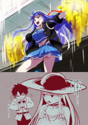 Rule 34 | 1boy, 1girl, aoba (smartbeat), bare shoulders, bikini, black jacket, blue eyes, blue shirt, blue skirt, blunt bangs, breasts, cheerleader, choker, cleavage, collarbone, crop top, cross, cross choker, fate/grand order, fate (series), fujimaru ritsuka (male), greyscale, hat, headband, highres, holding, holding pom poms, jacket, large breasts, long hair, looking at viewer, martha (fate), martha (swimsuit ruler) (fate), martha (swimsuit ruler) (first ascension) (fate), midriff, monochrome, multiple views, open clothes, open jacket, open mouth, pom pom (cheerleading), pom poms, purple hair, shirt, short hair, sketch, skirt, smile, sun hat, swimsuit, translation request