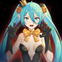 Rule 34 | 1girl, :d, black gloves, blue eyes, blue hair, bow, bowtie, breasts, cleavage, crown, fangs, food-themed hair ornament, gloves, hair between eyes, hair ornament, halloween, halloween costume, hatsune miku, long hair, looking at viewer, medium breasts, mini crown, open mouth, pointy ears, pumpkin hair ornament, smile, solo, strapless, twintails, upper body, very long hair, vocaloid, yellow bow, yellow bowtie, zuiai gongzhu dianxia