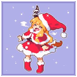 Rule 34 | 1girl, :d, blue background, blush stickers, boots, capelet, christmas, closed eyes, commentary request, full body, fur-trimmed boots, fur trim, hat, horns, ibuki suika, kumamoto (bbtonhk2), long hair, lowres, open mouth, orange hair, pixel art, red footwear, red hat, santa costume, santa hat, smile, solo, sparkle, touhou