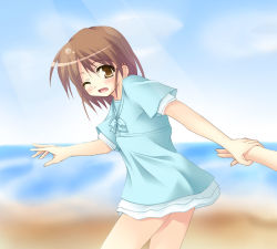 Rule 34 | 00s, 1girl, beach, blonde hair, blue dress, blue sky, blurry, blurry background, blush, brown eyes, brown hair, day, dress, holding hands, kyon no imouto, looking at viewer, ocean, one eye closed, open mouth, outdoors, pov, sand, shore, short hair, sky, solo focus, suzumiya haruhi no yuuutsu, tekehiro, water, wink