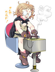 Rule 34 | &gt;:d, 1girl, :d, ahoge, ankle boots, asphalt cutter, asphalt cutter (ole tower), bad id, bad pixiv id, bare shoulders, boots, brown footwear, brown gloves, cape, chair, dress, full body, glasses, gloves, muhirora, ole tower, open mouth, orange hair, short hair, simple background, sitting, smile, smoke, solo, steam, translation request, v-shaped eyebrows