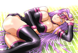 Rule 34 | 00s, 1girl, ass, blindfold, breasts, choker, dress, fate/stay night, fate (series), huge breasts, long hair, looking at viewer, lying, medusa (fate), medusa (rider) (fate), on side, one eye covered, panties, parted lips, purple hair, solo, square pupils, strapless, strapless dress, thighhighs, type-moon, ueyama michirou, underwear, very long hair