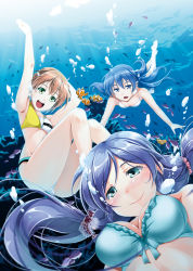 Rule 34 | 10s, 3girls, air bubble, barefoot, bikini, blue hair, blush, breasts, breath, brown hair, bubble, clothes writing, coral, fish, freediving, green eyes, holding breath, hoshizora rin, lily white (love live!), long hair, love live!, love live! school idol project, medium breasts, multiple girls, ocean, scrunchie, shinohara shinome, short hair, small breasts, smile, sonoda umi, swimming, swimsuit, tojo nozomi, twintails, underwater