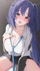 Rule 34 | 1girl, blue archive, blue necktie, blush, breasts, cleavage, halo, highres, jacket, jacket partially removed, large breasts, long hair, long sleeves, looking at viewer, medium breasts, necktie, nenight, open mouth, parted bangs, purple eyes, purple hair, sexually suggestive, shirt, skirt, triangle hair ornament, white shirt, yuuka (blue archive)
