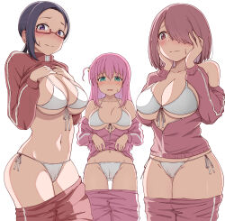 Rule 34 | 3girls, absurdres, bare shoulders, bikini, black hair, blush, bocchi the rock!, breasts, brown hair, cameltoe, closed mouth, clothes lift, clothes pull, collarbone, crossover, cube hair ornament, demi-chan wa kataritai, female focus, front-tie bikini top, front-tie top, glasses, gluteal fold, gotoh hitori, hair between eyes, hair ornament, hair over one eye, hands up, highres, hoshino miyako (wataten), jacket, jacket lift, large breasts, long hair, long sleeves, looking at viewer, multiple girls, navel, one side up, open mouth, outfit connection, pants, pants pull, partially unzipped, pink hair, pink jacket, poa mellhen, ponytail, purple eyes, red-framed eyewear, red eyes, satou sakie, semi-rimless eyewear, shirt lift, short hair, side-tie bikini bottom, simple background, sweat, swimsuit, thighs, track jacket, track pants, track suit, trait connection, under-rim eyewear, underboob, watashi ni tenshi ga maiorita!, white background, white bikini
